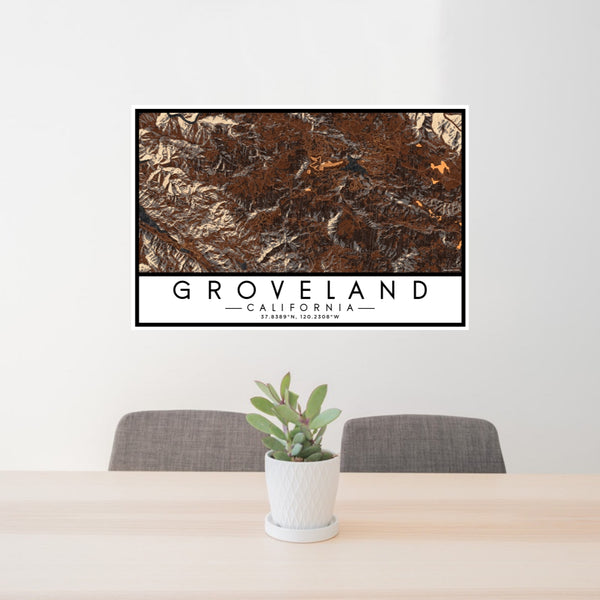 24x36 Groveland California Map Print Lanscape Orientation in Ember Style Behind 2 Chairs Table and Potted Plant