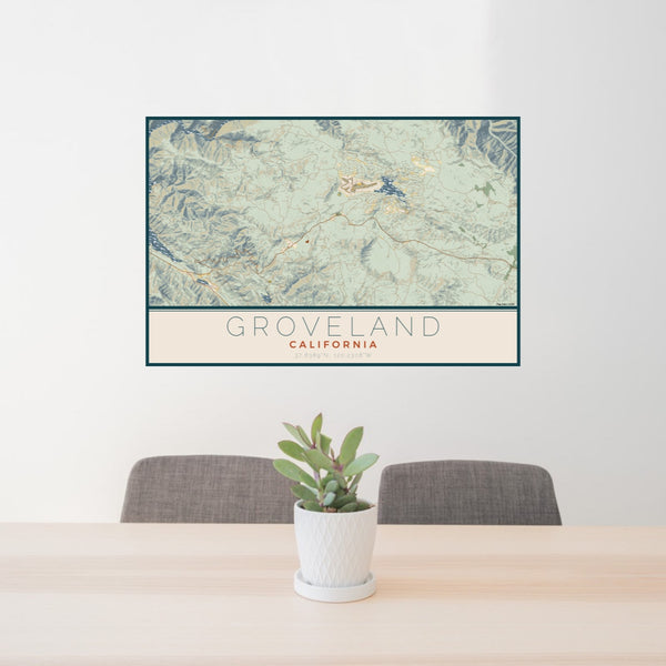 24x36 Groveland California Map Print Lanscape Orientation in Woodblock Style Behind 2 Chairs Table and Potted Plant