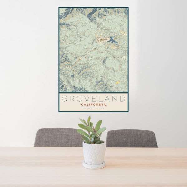 24x36 Groveland California Map Print Portrait Orientation in Woodblock Style Behind 2 Chairs Table and Potted Plant