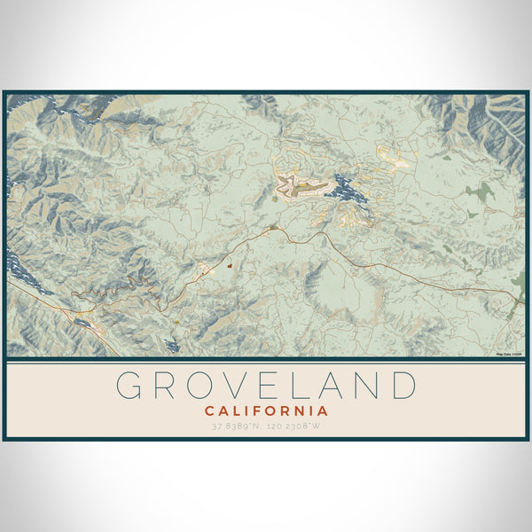Groveland California Map Print Landscape Orientation in Woodblock Style With Shaded Background