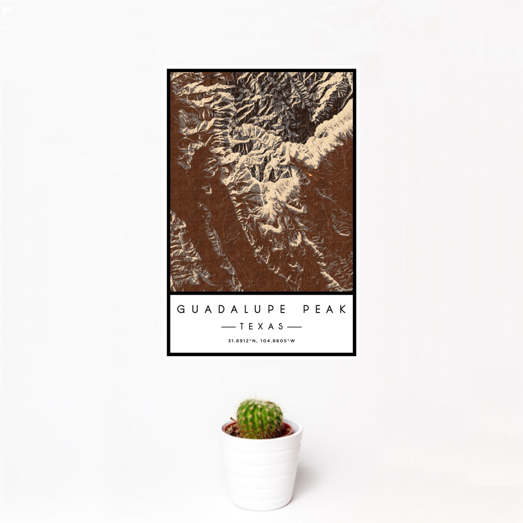 12x18 Guadalupe Peak Texas Map Print Portrait Orientation in Ember Style With Small Cactus Plant in White Planter