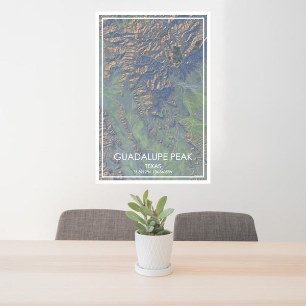 24x36 Guadalupe Peak Texas Map Print Portrait Orientation in Afternoon Style Behind 2 Chairs Table and Potted Plant