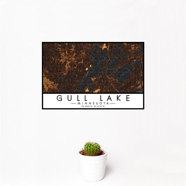 12x18 Gull Lake Minnesota Map Print Landscape Orientation in Ember Style With Small Cactus Plant in White Planter