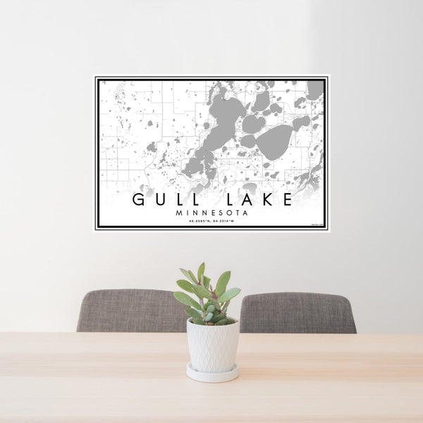 24x36 Gull Lake Minnesota Map Print Lanscape Orientation in Classic Style Behind 2 Chairs Table and Potted Plant