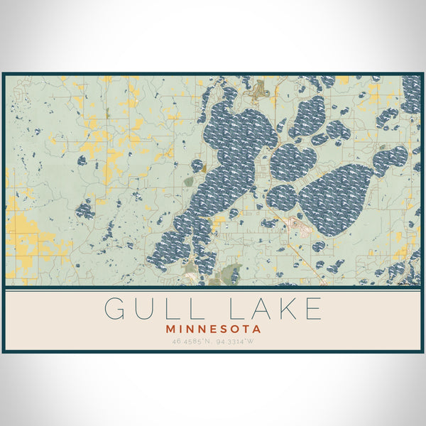 Gull Lake Minnesota Map Print Landscape Orientation in Woodblock Style With Shaded Background