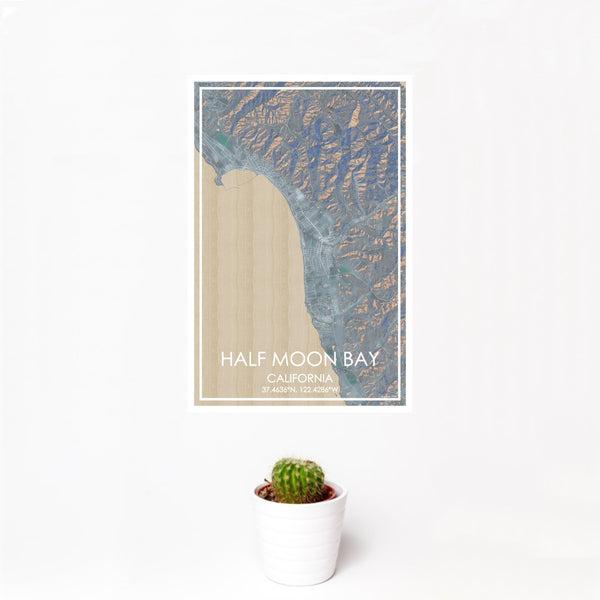 12x18 Half Moon Bay California Map Print Portrait Orientation in Afternoon Style With Small Cactus Plant in White Planter