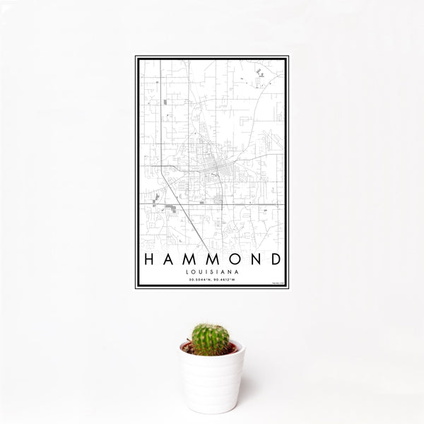 12x18 Hammond Louisiana Map Print Portrait Orientation in Classic Style With Small Cactus Plant in White Planter
