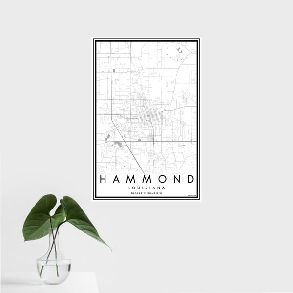 16x24 Hammond Louisiana Map Print Portrait Orientation in Classic Style With Tropical Plant Leaves in Water