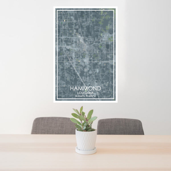 24x36 Hammond Louisiana Map Print Portrait Orientation in Afternoon Style Behind 2 Chairs Table and Potted Plant