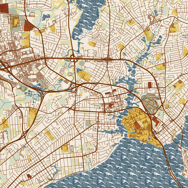 Hampton - Virginia Map Print in Woodblock