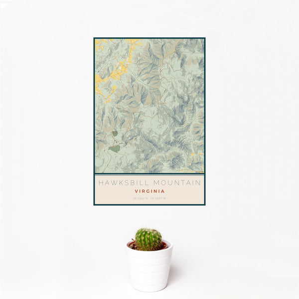 12x18 Hawksbill Mountain Virginia Map Print Portrait Orientation in Woodblock Style With Small Cactus Plant in White Planter