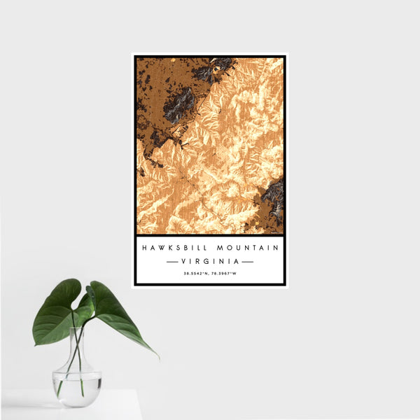 16x24 Hawksbill Mountain Virginia Map Print Portrait Orientation in Ember Style With Tropical Plant Leaves in Water