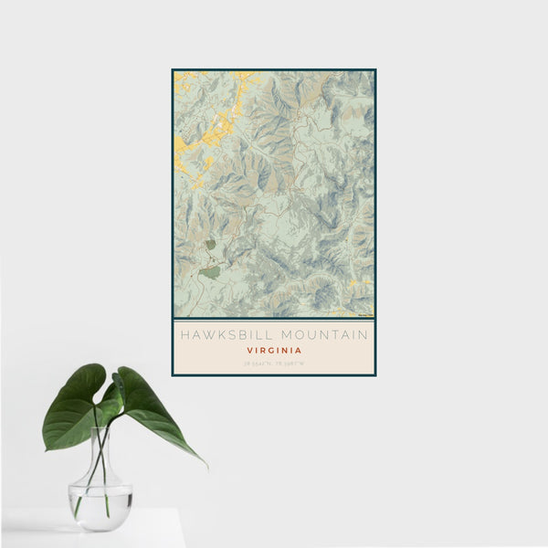 16x24 Hawksbill Mountain Virginia Map Print Portrait Orientation in Woodblock Style With Tropical Plant Leaves in Water