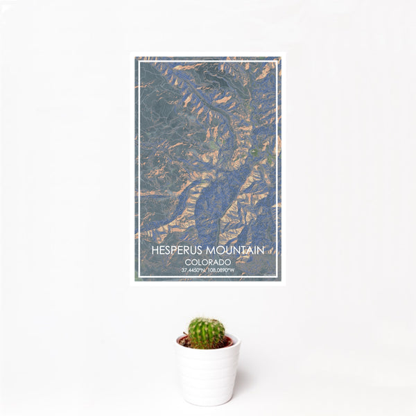 12x18 Hesperus Mountain Colorado Map Print Portrait Orientation in Afternoon Style With Small Cactus Plant in White Planter