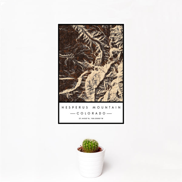 12x18 Hesperus Mountain Colorado Map Print Portrait Orientation in Ember Style With Small Cactus Plant in White Planter