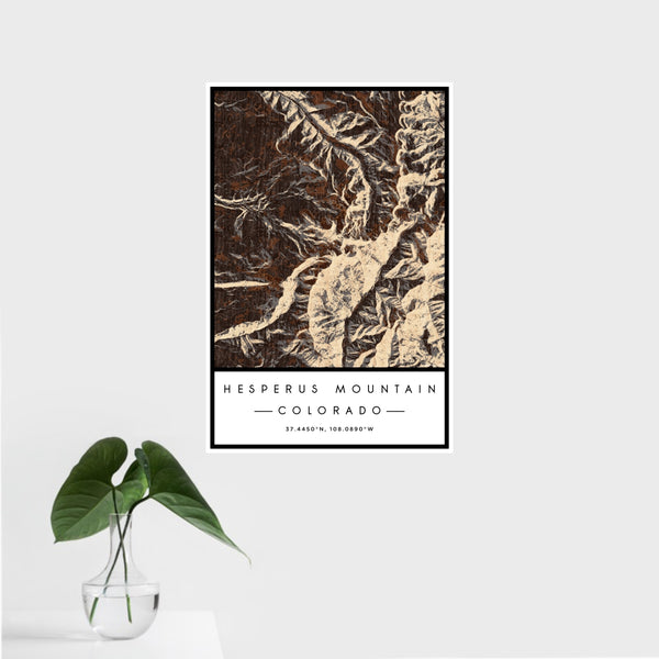 16x24 Hesperus Mountain Colorado Map Print Portrait Orientation in Ember Style With Tropical Plant Leaves in Water