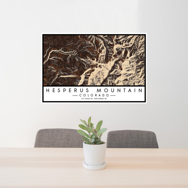 24x36 Hesperus Mountain Colorado Map Print Lanscape Orientation in Ember Style Behind 2 Chairs Table and Potted Plant