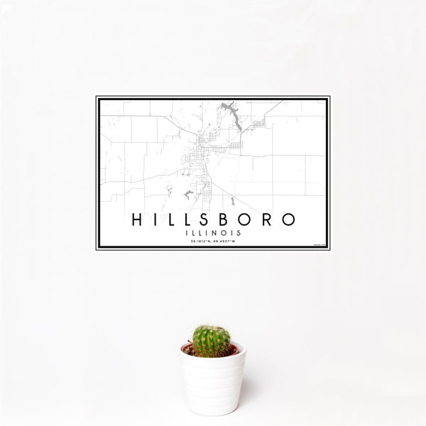 12x18 Hillsboro Illinois Map Print Landscape Orientation in Classic Style With Small Cactus Plant in White Planter