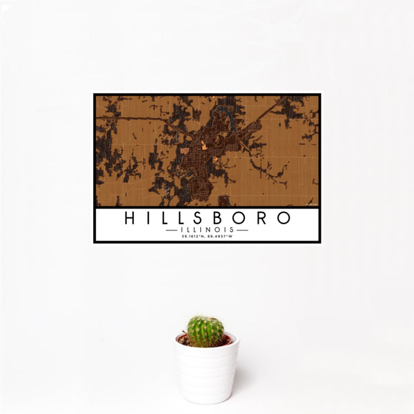 12x18 Hillsboro Illinois Map Print Landscape Orientation in Ember Style With Small Cactus Plant in White Planter