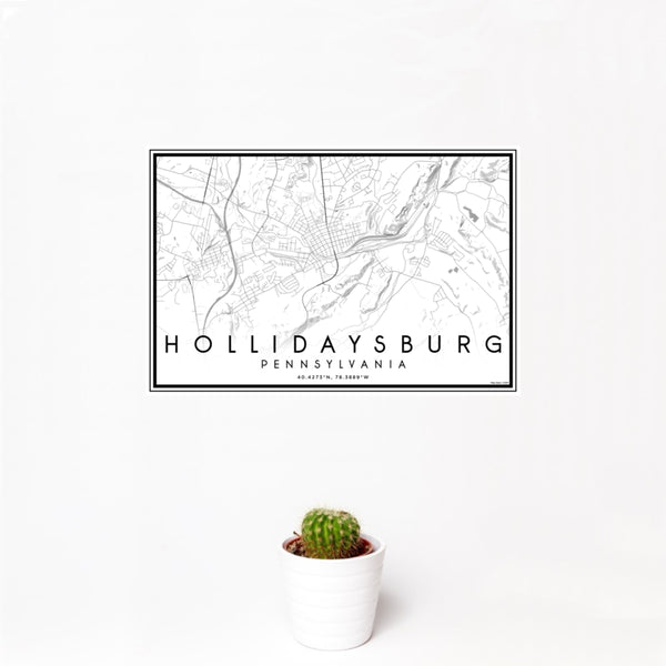 12x18 Hollidaysburg Pennsylvania Map Print Landscape Orientation in Classic Style With Small Cactus Plant in White Planter