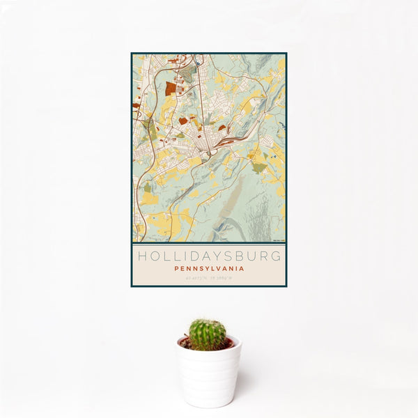 12x18 Hollidaysburg Pennsylvania Map Print Portrait Orientation in Woodblock Style With Small Cactus Plant in White Planter