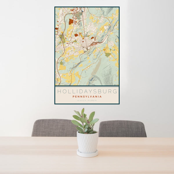 24x36 Hollidaysburg Pennsylvania Map Print Portrait Orientation in Woodblock Style Behind 2 Chairs Table and Potted Plant