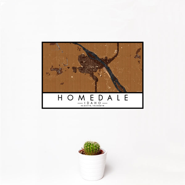 12x18 Homedale Idaho Map Print Landscape Orientation in Ember Style With Small Cactus Plant in White Planter