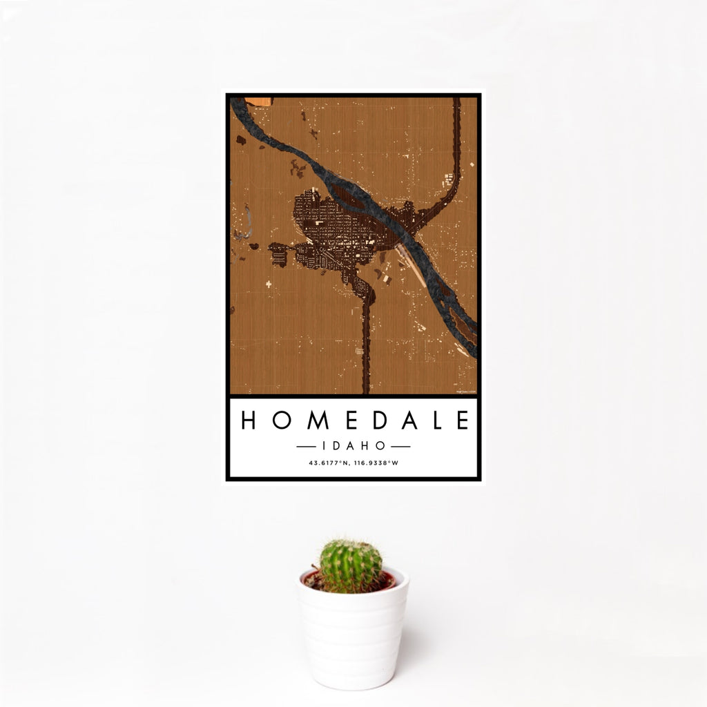 12x18 Homedale Idaho Map Print Portrait Orientation in Ember Style With Small Cactus Plant in White Planter