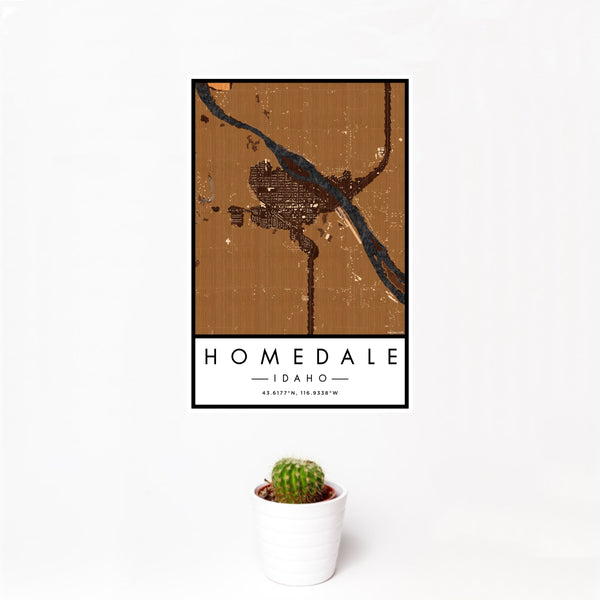 12x18 Homedale Idaho Map Print Portrait Orientation in Ember Style With Small Cactus Plant in White Planter