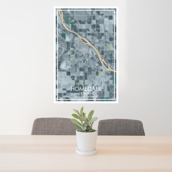 24x36 Homedale Idaho Map Print Portrait Orientation in Afternoon Style Behind 2 Chairs Table and Potted Plant