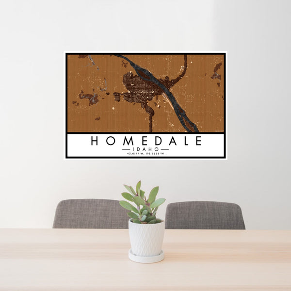 24x36 Homedale Idaho Map Print Lanscape Orientation in Ember Style Behind 2 Chairs Table and Potted Plant