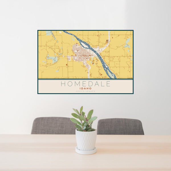 24x36 Homedale Idaho Map Print Lanscape Orientation in Woodblock Style Behind 2 Chairs Table and Potted Plant