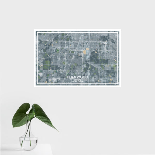 16x24 Homewood Illinois Map Print Landscape Orientation in Afternoon Style With Tropical Plant Leaves in Water