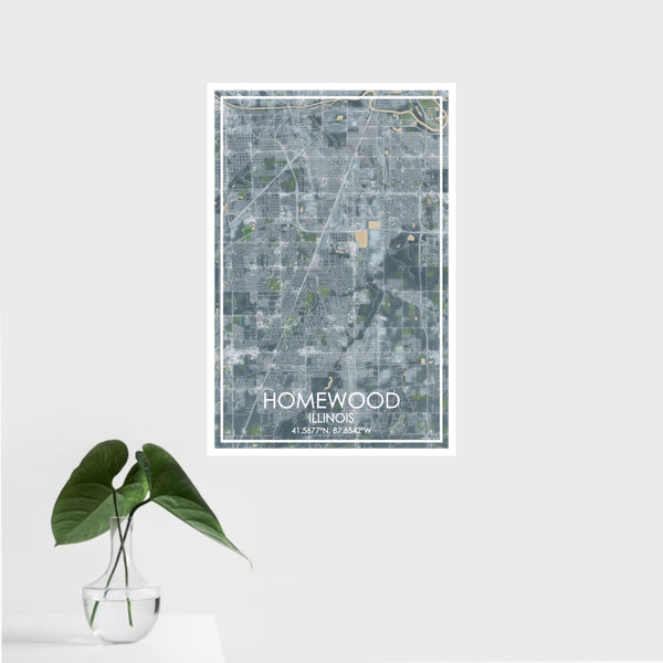 16x24 Homewood Illinois Map Print Portrait Orientation in Afternoon Style With Tropical Plant Leaves in Water