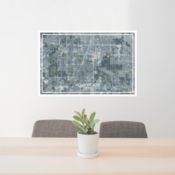 24x36 Homewood Illinois Map Print Lanscape Orientation in Afternoon Style Behind 2 Chairs Table and Potted Plant