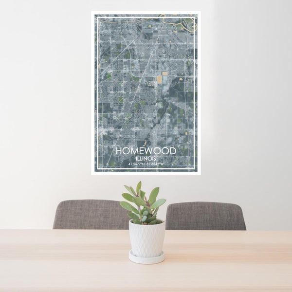 24x36 Homewood Illinois Map Print Portrait Orientation in Afternoon Style Behind 2 Chairs Table and Potted Plant