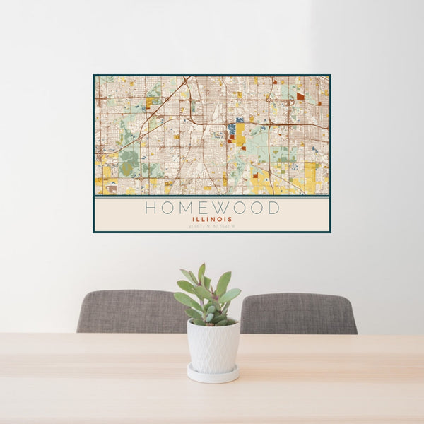 24x36 Homewood Illinois Map Print Lanscape Orientation in Woodblock Style Behind 2 Chairs Table and Potted Plant