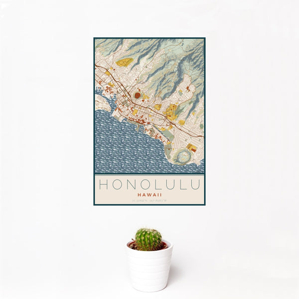 Honolulu - Hawaii Map Print in Woodblock
