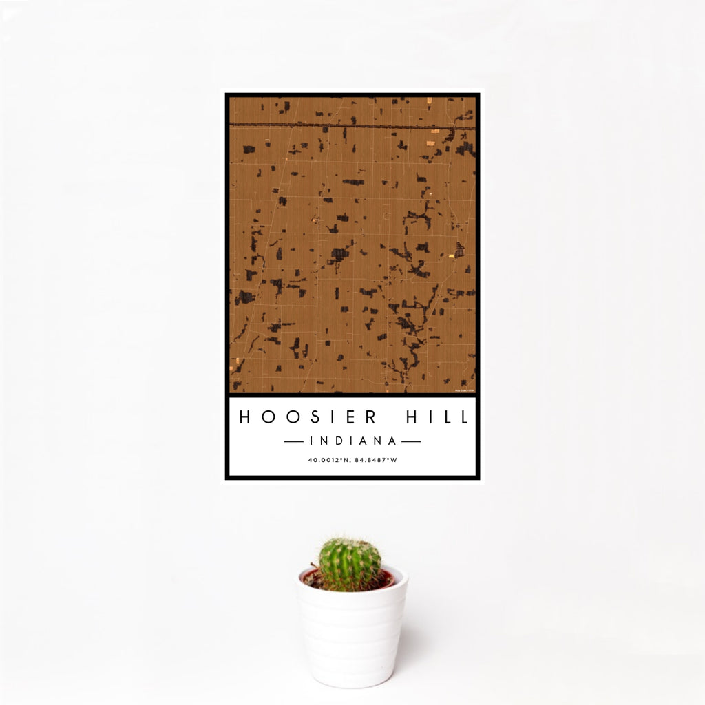 12x18 Hoosier Hill Indiana Map Print Portrait Orientation in Ember Style With Small Cactus Plant in White Planter