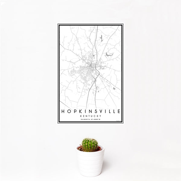 12x18 Hopkinsville Kentucky Map Print Portrait Orientation in Classic Style With Small Cactus Plant in White Planter