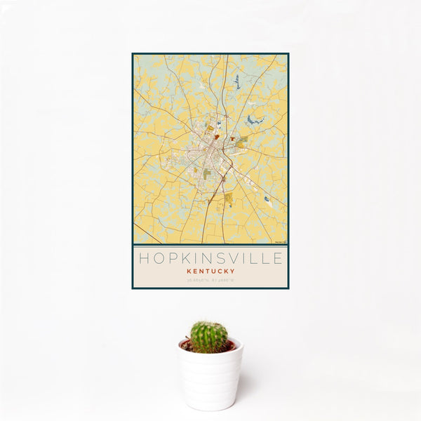 12x18 Hopkinsville Kentucky Map Print Portrait Orientation in Woodblock Style With Small Cactus Plant in White Planter