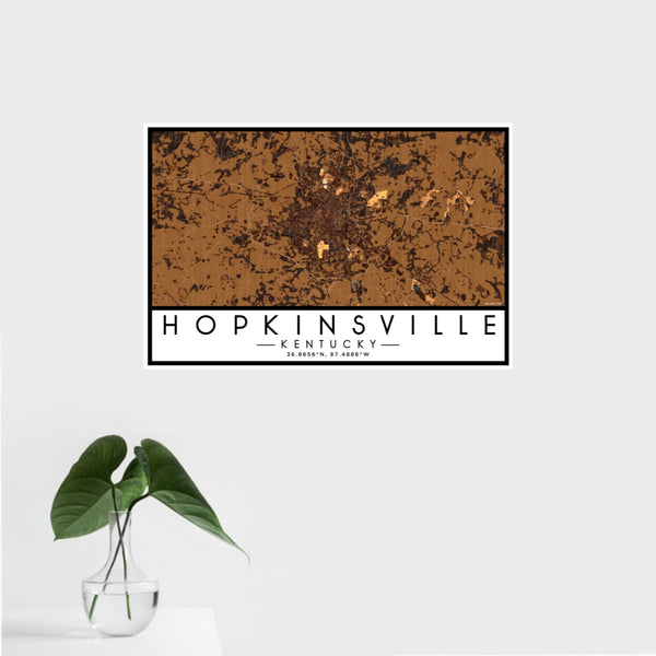 16x24 Hopkinsville Kentucky Map Print Landscape Orientation in Ember Style With Tropical Plant Leaves in Water