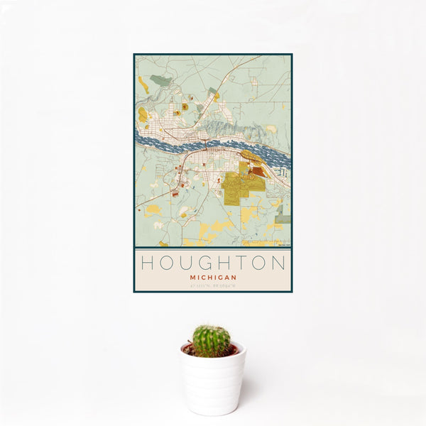 12x18 Houghton Michigan Map Print Portrait Orientation in Woodblock Style With Small Cactus Plant in White Planter