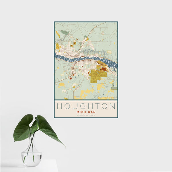 16x24 Houghton Michigan Map Print Portrait Orientation in Woodblock Style With Tropical Plant Leaves in Water