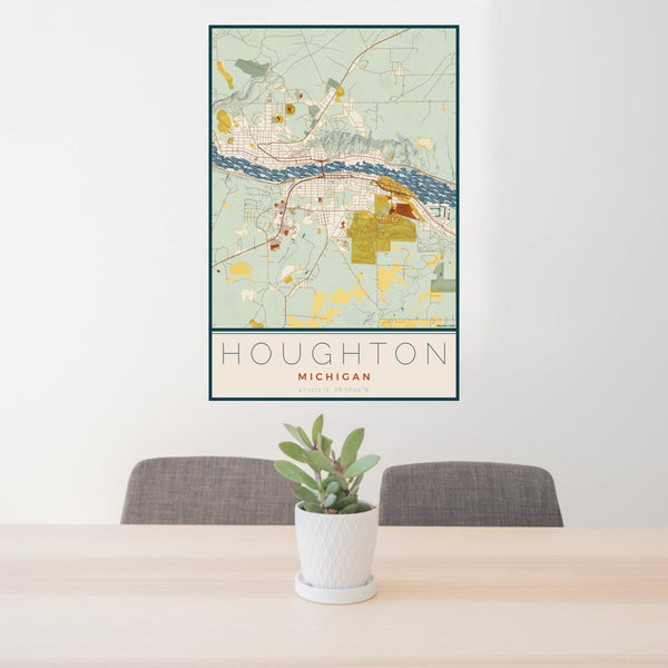 24x36 Houghton Michigan Map Print Portrait Orientation in Woodblock Style Behind 2 Chairs Table and Potted Plant