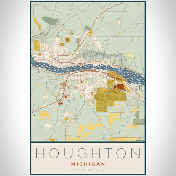 Houghton Michigan Map Print Portrait Orientation in Woodblock Style With Shaded Background