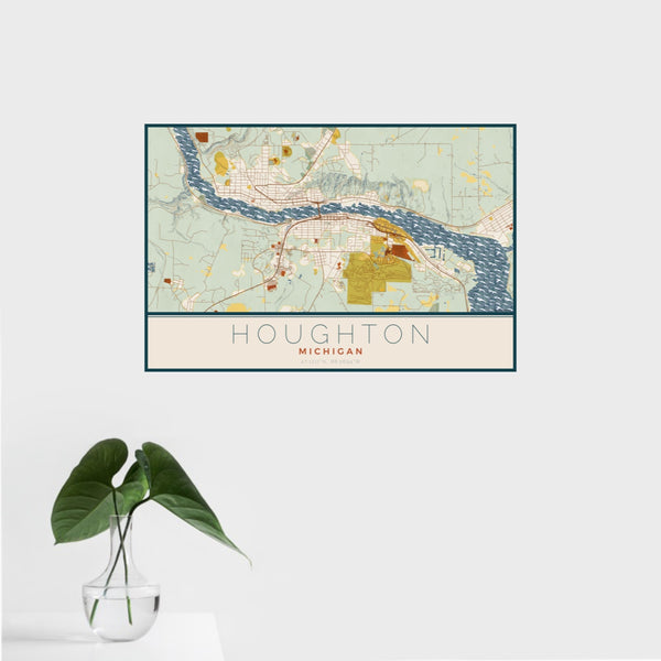 16x24 Houghton Michigan Map Print Landscape Orientation in Woodblock Style With Tropical Plant Leaves in Water