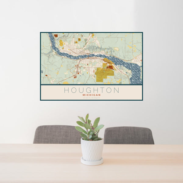 24x36 Houghton Michigan Map Print Landscape Orientation in Woodblock Style Behind 2 Chairs Table and Potted Plant