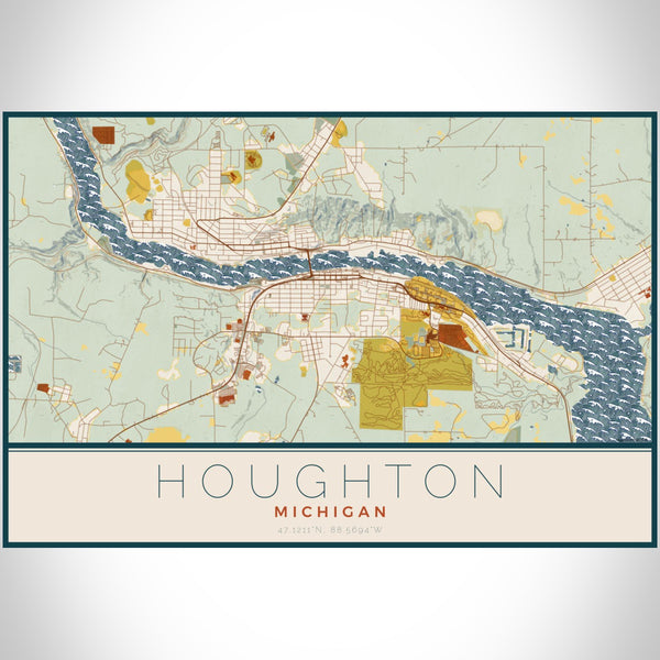 Houghton Michigan Map Print Landscape Orientation in Woodblock Style With Shaded Background