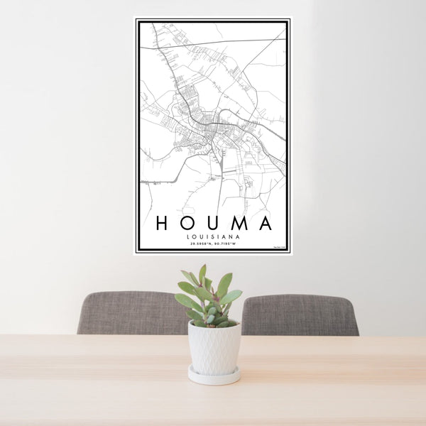 24x36 Houma Louisiana Map Print Portrait Orientation in Classic Style Behind 2 Chairs Table and Potted Plant
